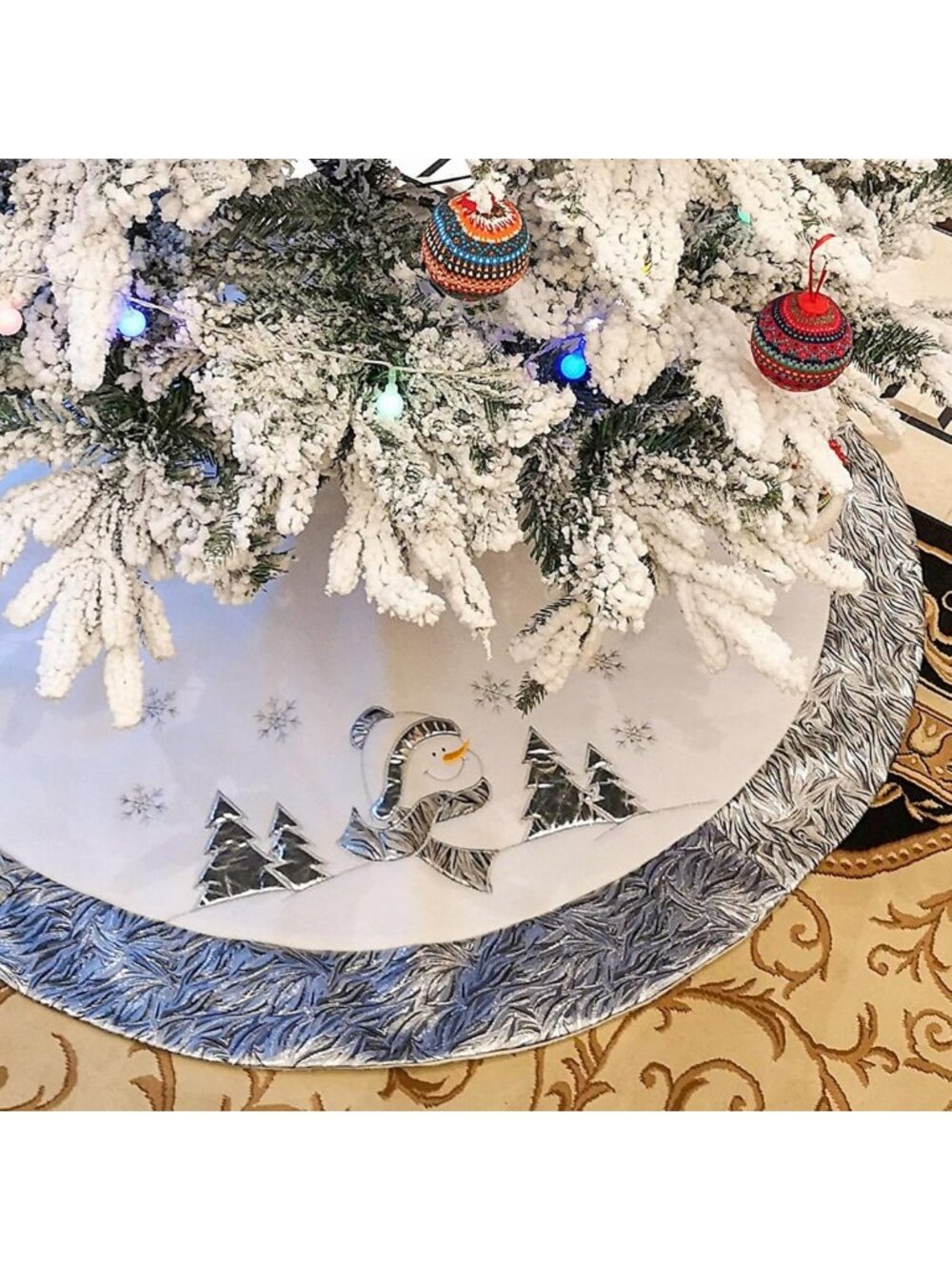 48'' Luxury Silver Snowman Christmas Tree Skirt with Satin Border & Embroidered